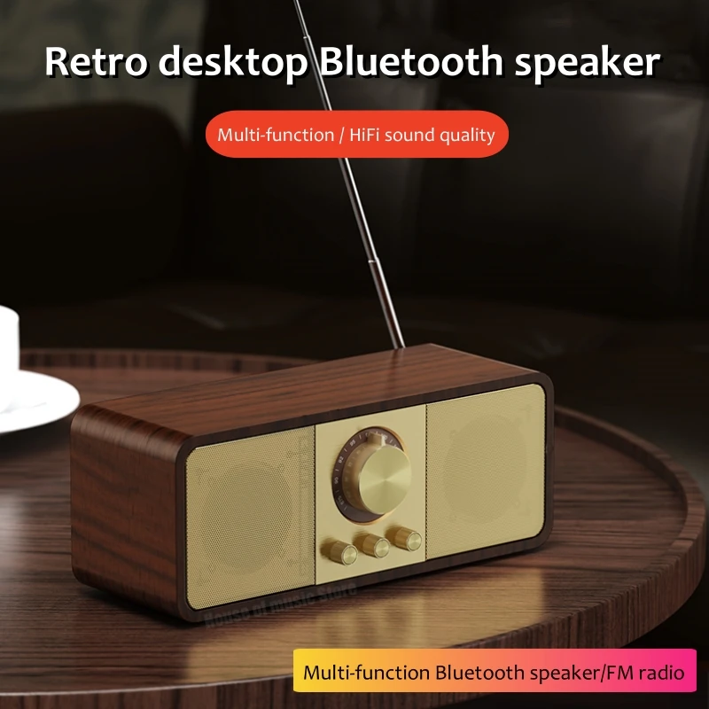 

Retro Wooden Portable FM Radio Speakers Bluetooth 5.3 Wireless Audio Player Support USB/TF Card/AUX Input HI-FI Super Bass Sound