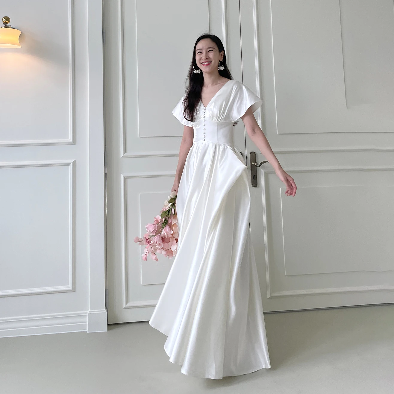 

GIOIO V-Neck Korea Garden Evening Dresses Pleat Short Sleeves Formal 프롬드레스 Floor Length Elegant Prom Grown Party Women Bride