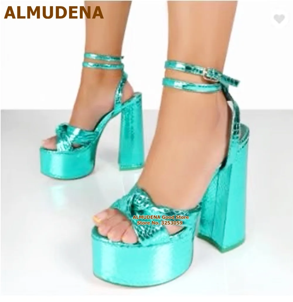 

ALMUDENA Turquoise Snakeskin Chunky Heel Platform Sandals Gold Silver Butterfly-knot Dress Shoes Ankle Buckle Strap Bowtie Pumps