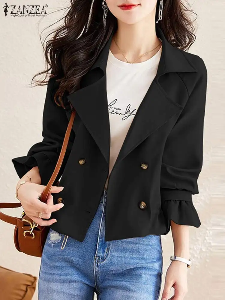 

ZANZEA Fashion Women Jackets Spring Lapel Neck Long Sleeve Work Thin Coats Casual Ruffles Outwear Female Solid Chaqueta 2024