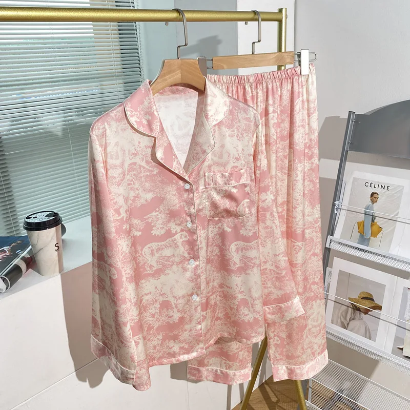 

Женский пижамный комплект из 2 предметов, пижама с принтом, атласная пижама из искусственного шелка, женская одежда для сна, рубашка с длинным рукавом и лацканами, брюки, костюмы, домашняя одежда
