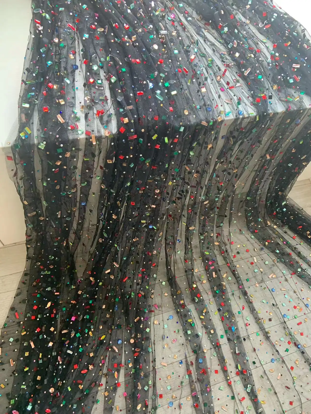 

3D Beaded Black Tulle Lace Fabric with Multicolored Rhinestones for Ball Gown,Party Costume,Dresses,Red Green Yellow Pink
