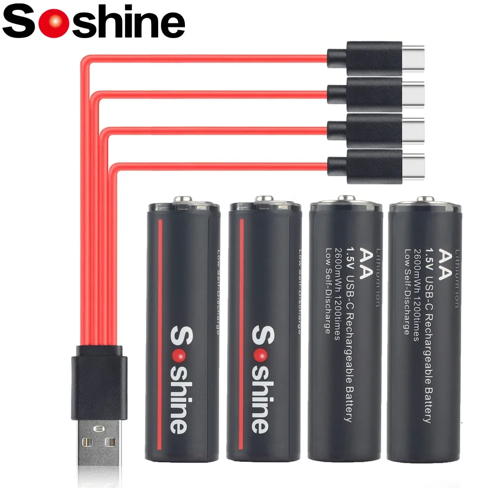 

Soshine 1.5V 2600mWh Li-Ion Rechargeable Battery AA Lithium Batteries 1200 Times Cycle Type C AA Battery with 4-in-1 USB Cable
