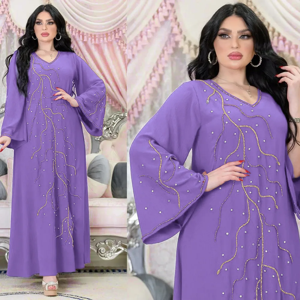 

Purple Abaya Diamonds Printed Dress Muslim Women Long Robe Eid Ramadan Loose Kaftan Islamic Arab Fashion V-neck Jalabiya Gown
