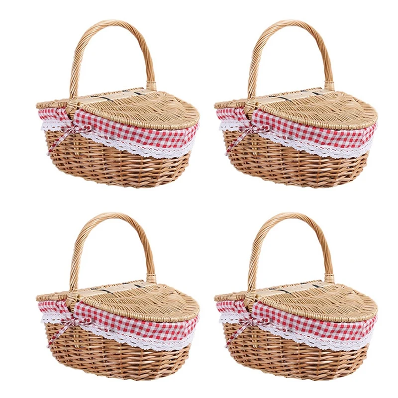 

ABSF 4X Country Style Wicker Picnic Basket Hamper With Lid And Handle & Liners For Picnics, Parties And Bbqs