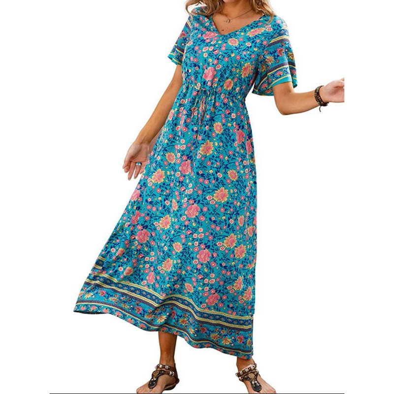 Vintage Women Floral Print Maxi Dress Summer V Neck Short Sleeve Long Dress Ladies Casual High Waist Lace Up Beach Boho Sundress 
Vintage Women Floral Print Maxi Dress Summer V Neck Short Sleeve Long Dress Ladies Casual High Waist Lace Up Beach Boho Sundress
