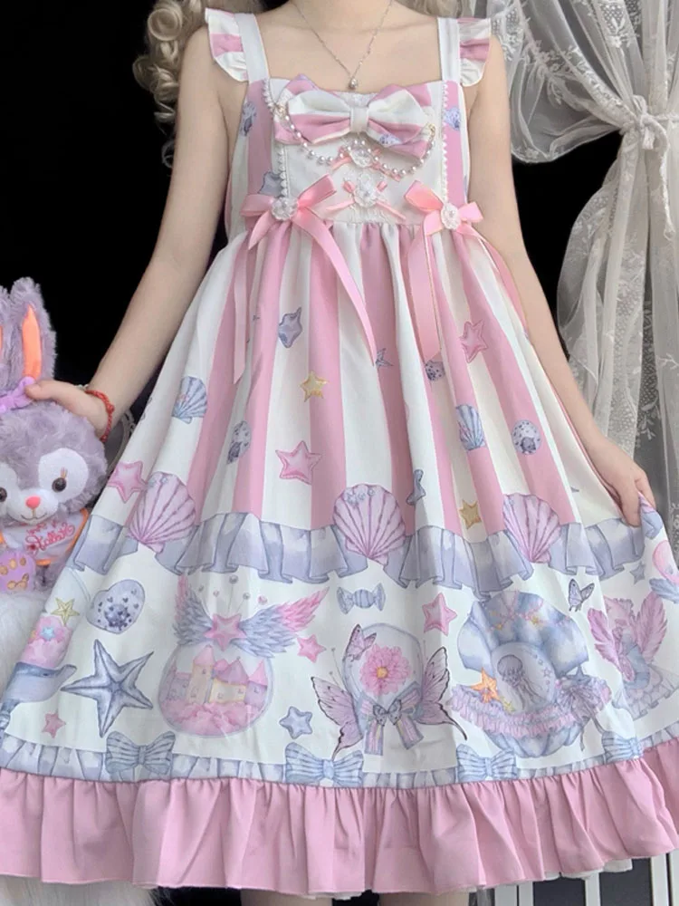 

KIMOKOKM Lovely Kawaii Lolita Princess JSK Dress Square Collar Bow Cartoon Printing Ruffle Sleeveless Sweet Camisole Dresses