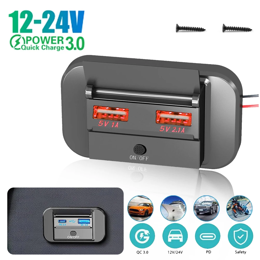 12V/24V Fast Charging PD Type C Dual USB Port Charger Socket Panel Adapter with Switch for Marine Motorcycles
12V/24V Fast Charging PD Type C Dual USB Port Charger Socket Panel Adapter with Switch for Marine Motorcycles