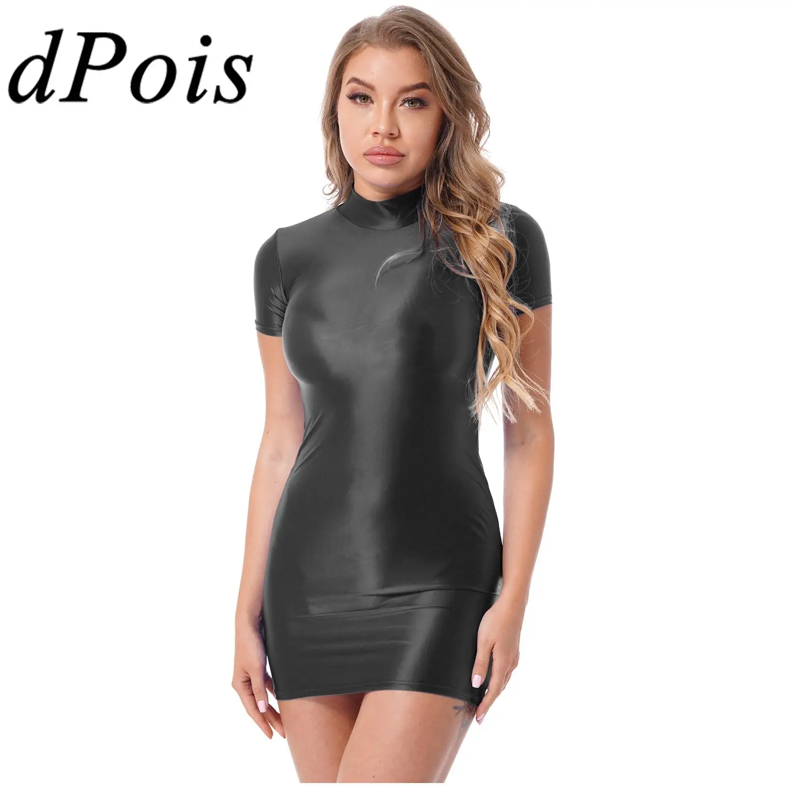 

Glossy Bodycon Dress Womens Sexy Short Sleeve Mock Neck Shiny Mini Dresses for Rave Party Clubwear Pole Dancing Stage Clothes