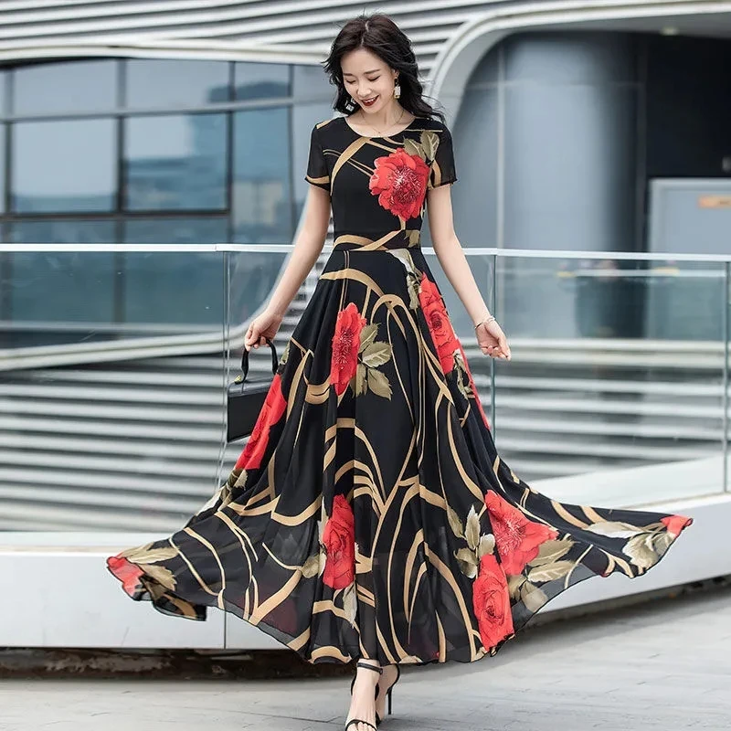 Chiffon Casual Black Women Summer Dress O Neck Short Sleeve Bohemian Vestiti Donna Eleganti Vintage Big Swing Robe Longue A1050
Chiffon Casual Black Women Summer Dress O Neck Short Sleeve Bohemian Vestiti Donna Eleganti Vintage Big Swing Robe Longue A1050
