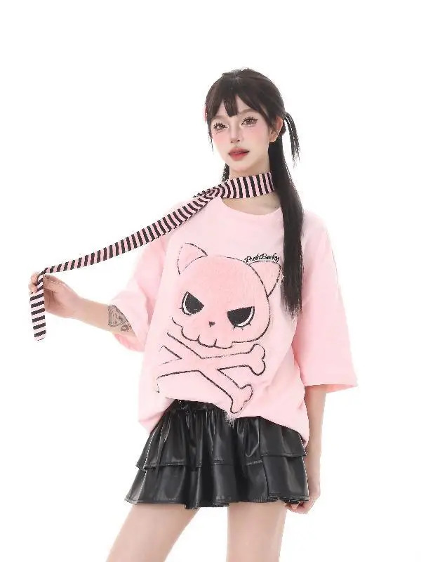 Korean cartoon plush embroidered cat skull pattern short-sleeved women summer sweet scarf design loose half-sleeved top t-shirt
Korean cartoon plush embroidered cat skull pattern short-sleeved women summer sweet scarf design loose half-sleeved top t-shirt