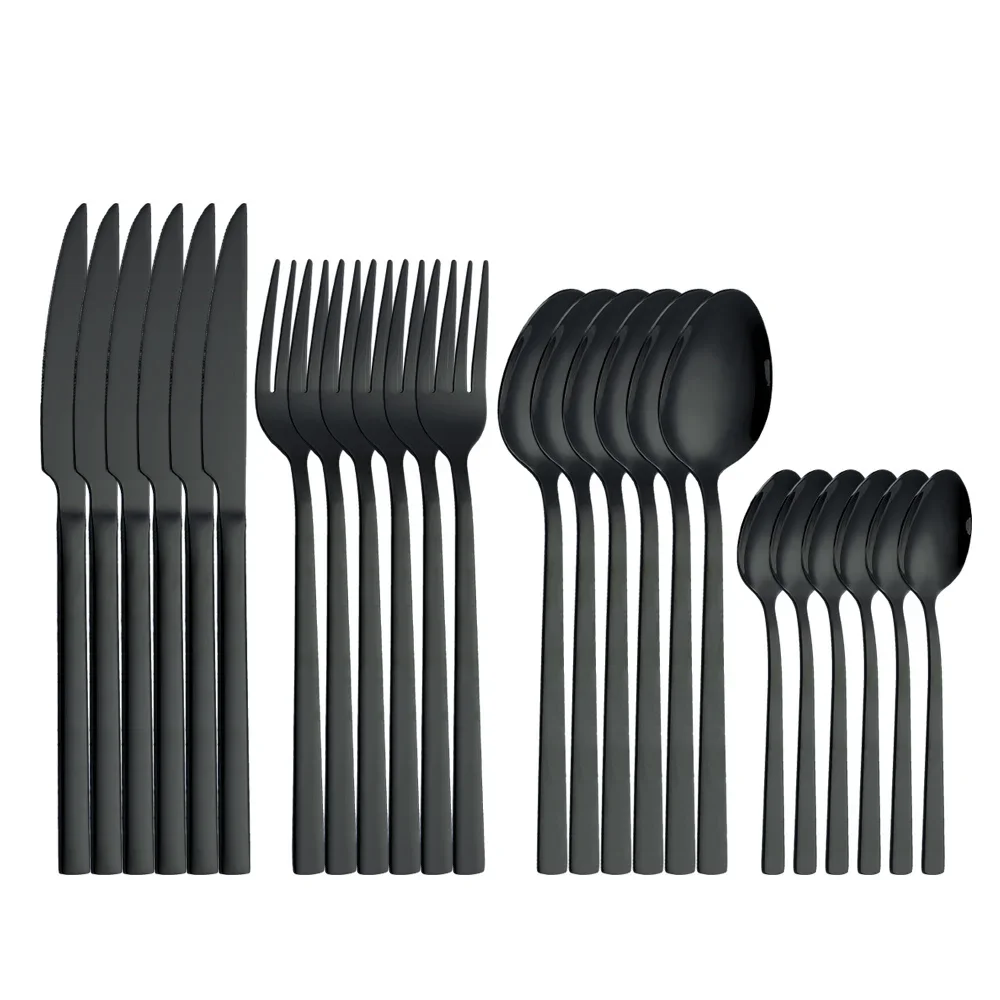 

Cutlery Luxury 24pcs Set Dinnerware Black Kitchen Spoons Stainless Wedding Steel Forks Tableware Mirror Knives