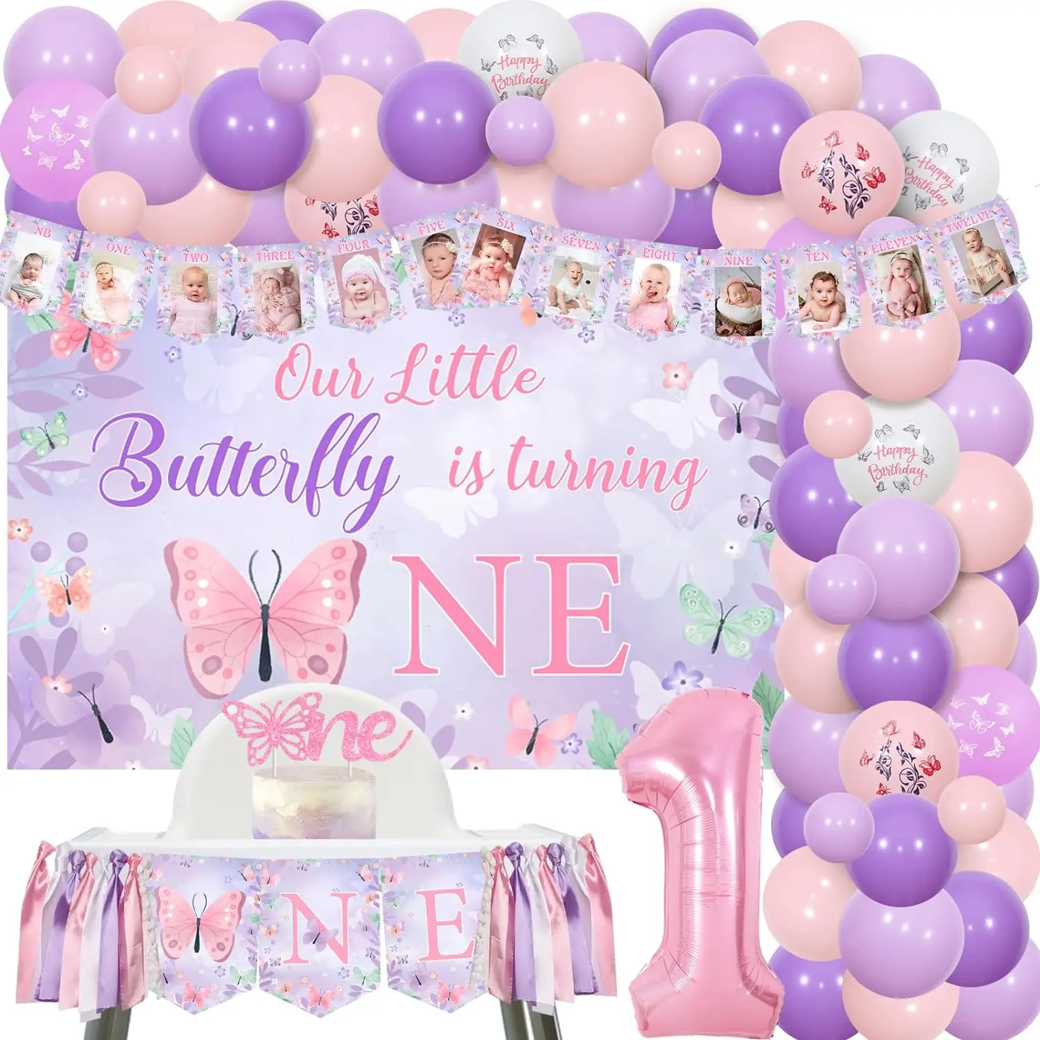 

Butterfly 1st Birthday Decor Balloon Garland Arch Photo Banner Our Little Butterfly is Turning One Backdrop First Bday Party