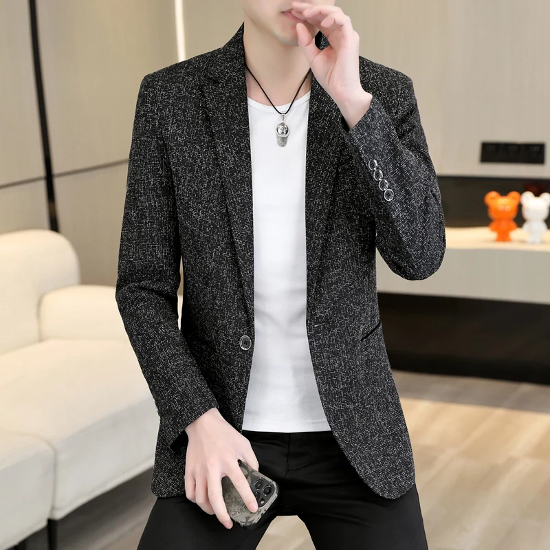 

Stylish Men Autumn Spring Blazers Blue Gray Black Single Breasted Design Suit Jackets Male Notched Collar Attire Outfits 2023