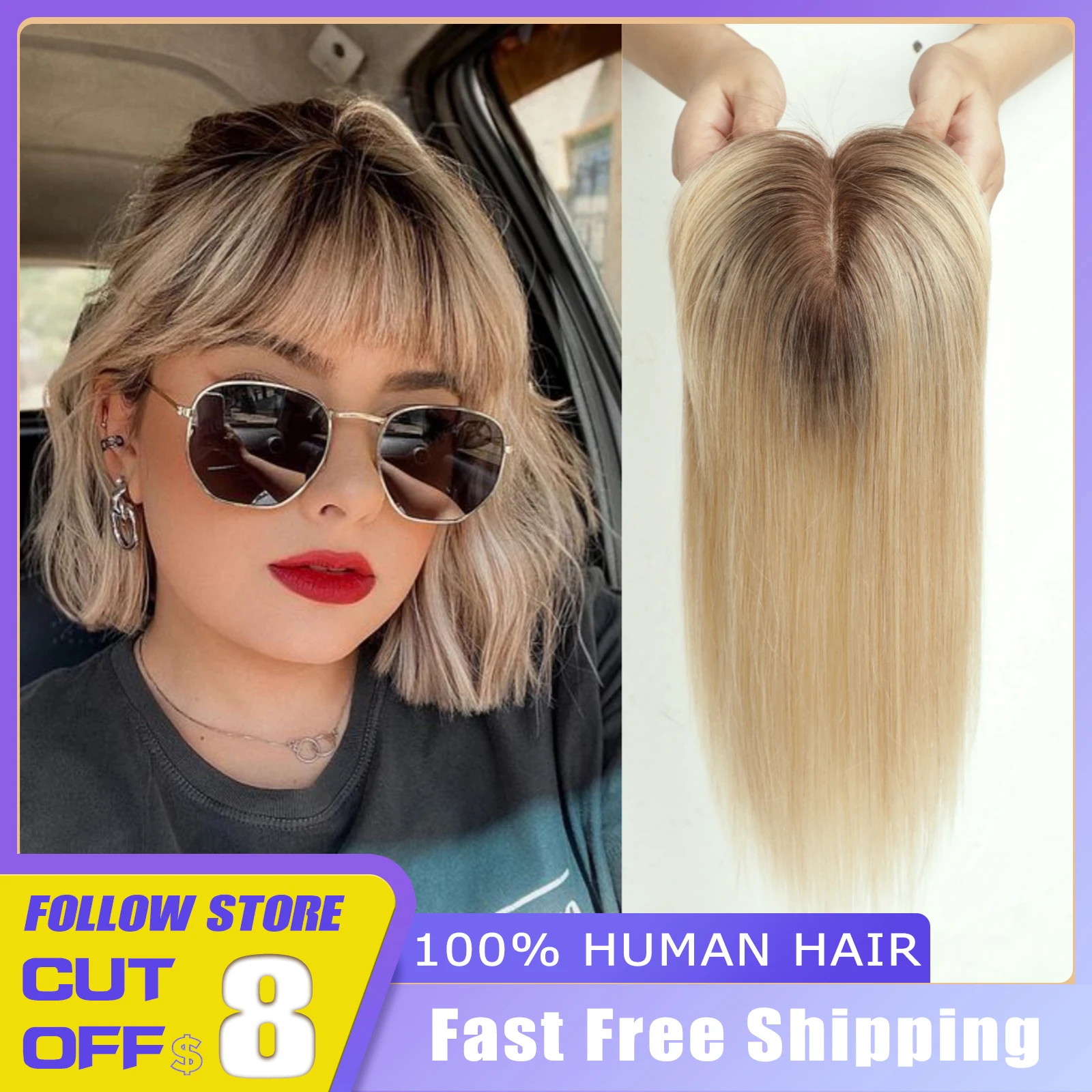 

100% Real Human Hair Toppers with Bangs Brown to Blonde Omber Base Clip in Topper Top Hair for Women with Thinning Hair Clips