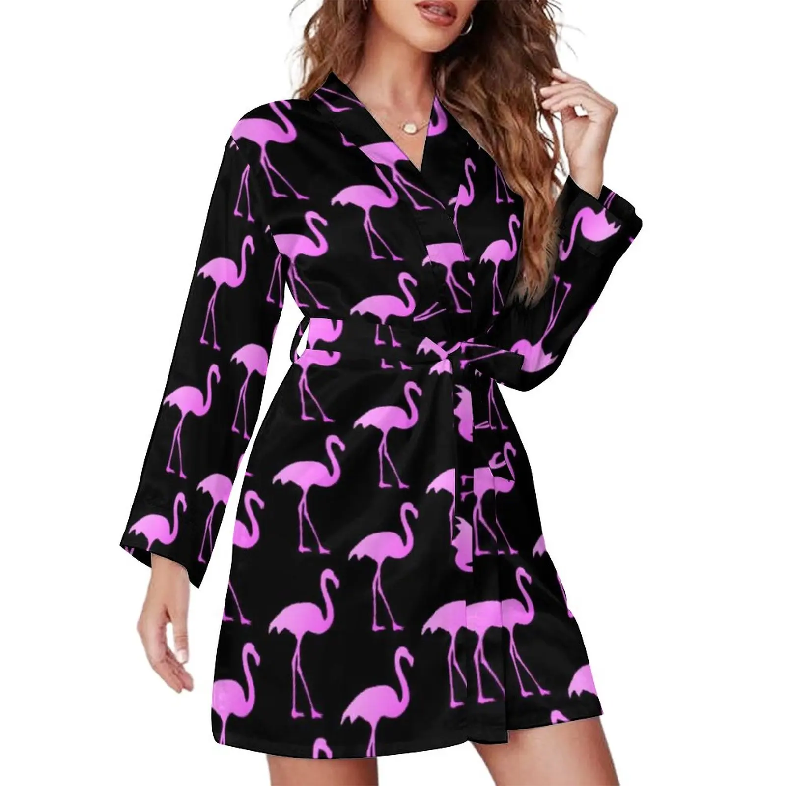 

Pink Flamingo Bird Pajama Robe Cute Animal Print Long-Sleeve Fashion Pajamas Robes Lady V Neck Nightgown Autumn Graphic Dresses