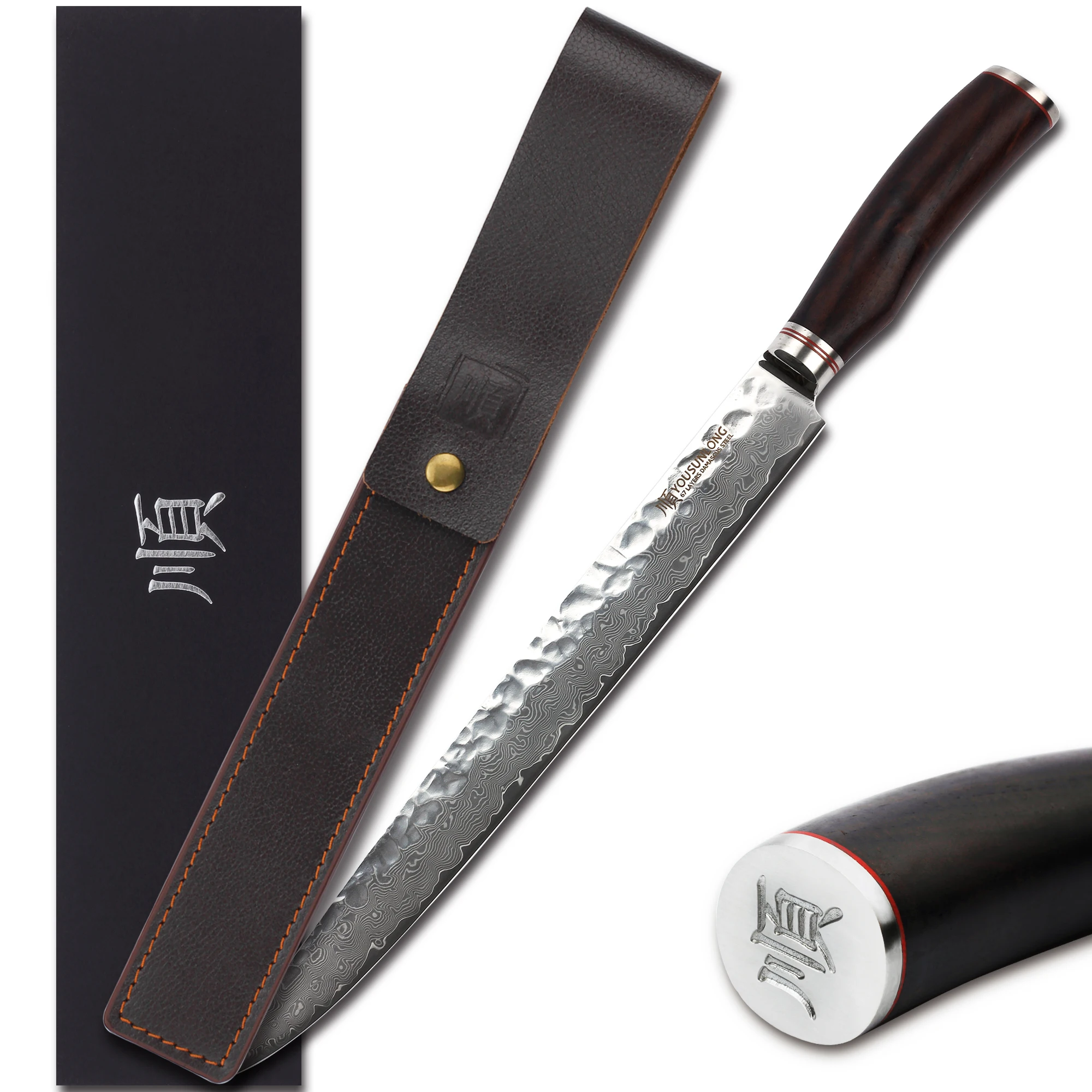 YOUSUNLONG Carving Knife 12 inch Slicer Japanese VG10 Damascus Natural Ebony Handle with Leather Sheath
YOUSUNLONG Carving Knife 12 inch Slicer Japanese VG10 Damascus Natural Ebony Handle with Leather Sheath