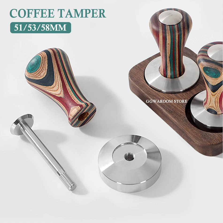 

51/53/58MM Coffee Tamper Espresso Distributor Solid Wood Coffee Powder Hammer 304 Stainless Steel Flat Base Barista Accessories