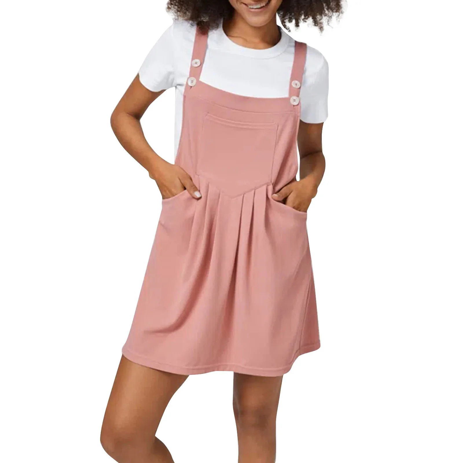 

Relaxed Dungaree Dress With Adjustable Straps Daily Casual Loose Solid Color Mini Bib Dress With Buttons And Pockets