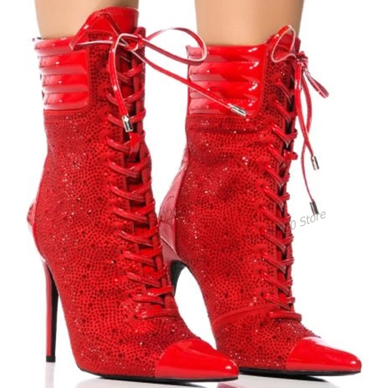 

Cross-Tied Red Patchwork Crystal Decor Boots Mid Calf Stilettos High Heel Women Shoes Pointed Toe 2023 Sexy Zapatos Para Mujere