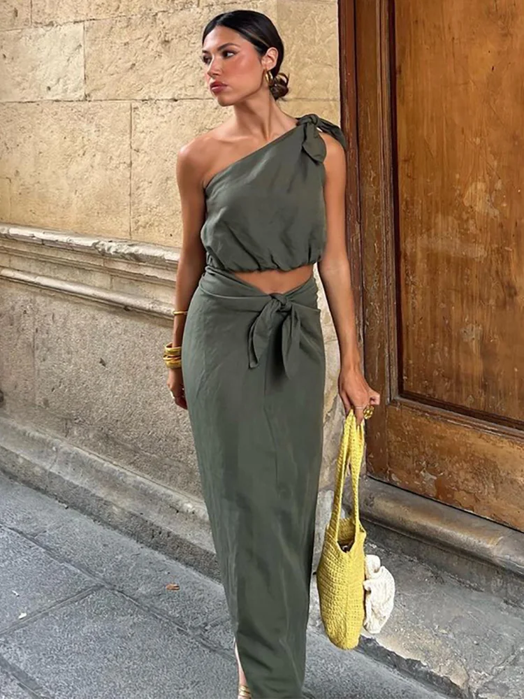 

Skirts Sets 2023 Asymmetric Neck Top And Slit Side Knot Long Skirt Matching Set Solid Casual Summer Two Piece Set Womens Outfits