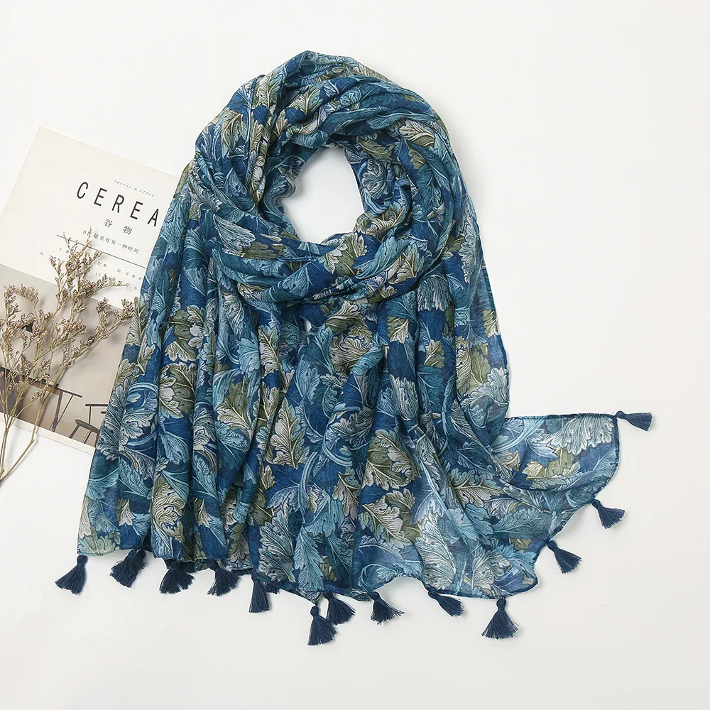 

Шаль Солнцезащитная женская, универсальный элегантный шарф из хлопка и льна с принтом синих листьев, в этническом стиле, для путешествий на открытом воздухе, YC16