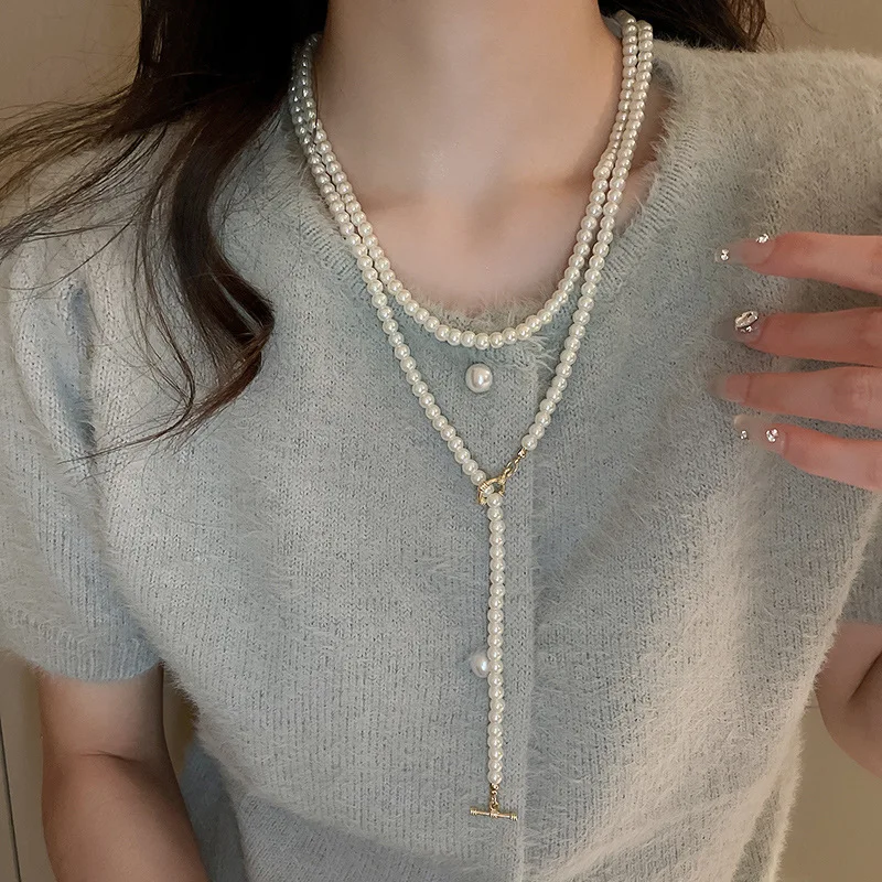 

French Style Vintage Pearl Multi-Layer Twin OT Buckle Necklace Niche Adjustable Sweater Clavicle Chain Necklace Women