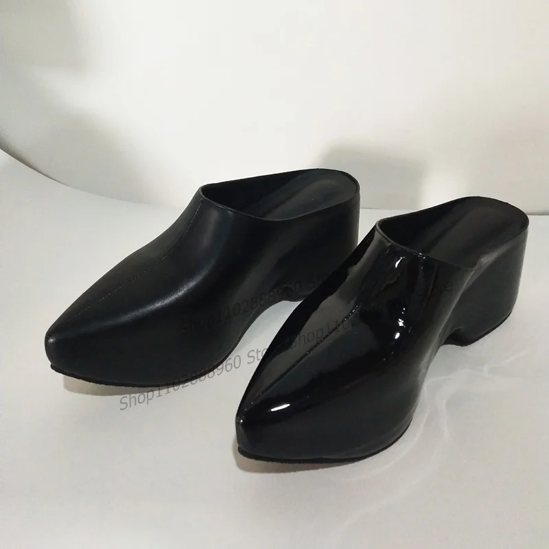 

Black Patent Leather Cut Heel Chelsea Pumps Wedges Heel Thick-Soled Women Shoes Slip-On Pointed Toe 2023 Zapatos Para Mujere