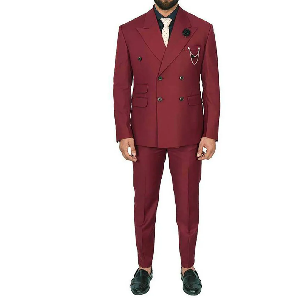 

Double Breasted Men Suits Burgundy Peak Lapel Skinny Blazer Prom Party Outfits Casual Elegant 2 Piece Jacket Pants Set Costume