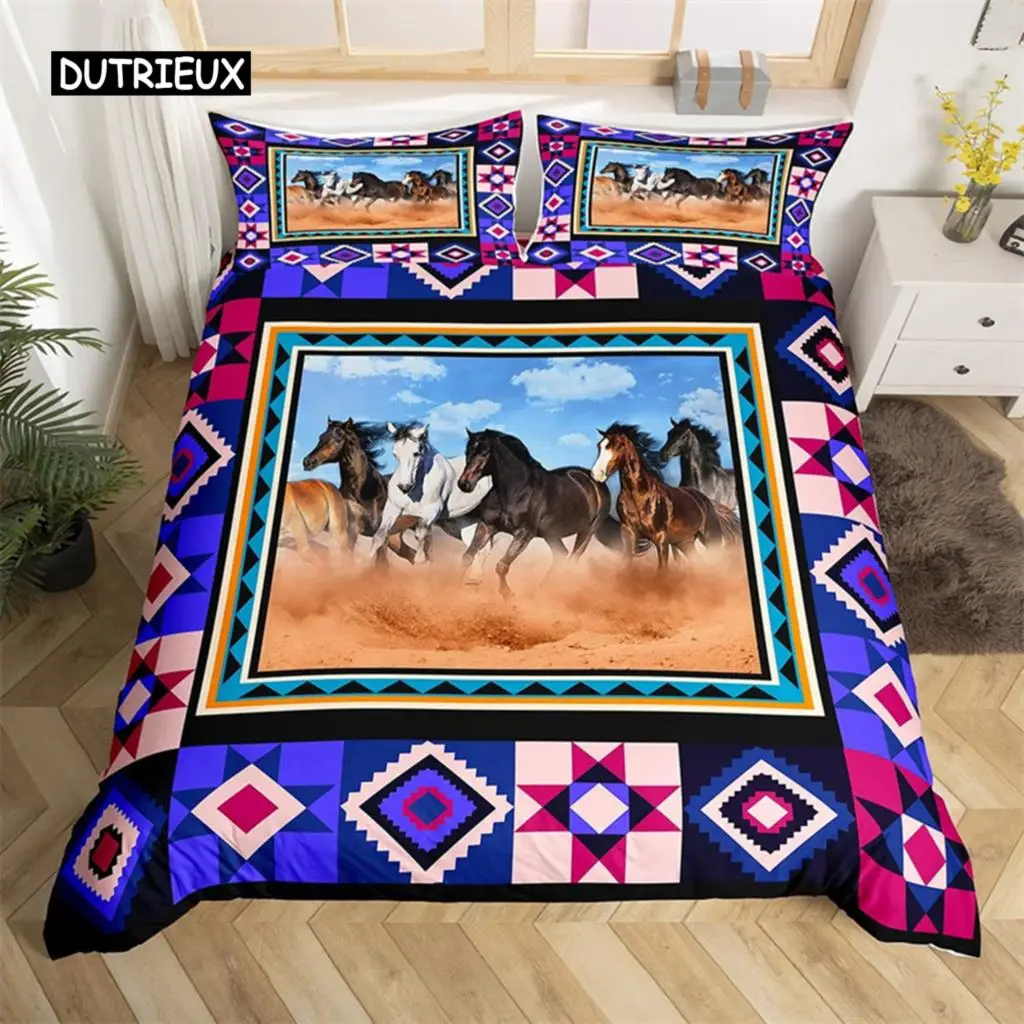 

Galloping Horse Duvet Cover Farmhouse Animal Bedding Set Boho Geometry Comforter Cover Ethnic Tribe Arrow Aztec Lattice Bed Set