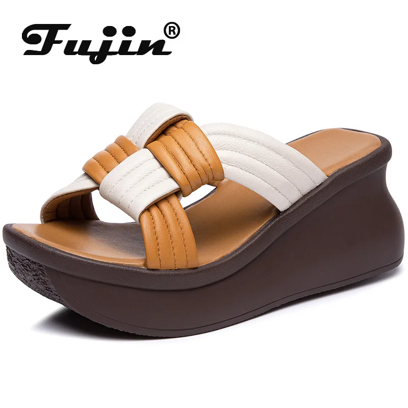 

Fujin 7cm Women Wedge Peep Toe Slipper Platform Sandals Ladies Summer Shoes Sewing Weave Cow Genuine Leather Fashion Sandals