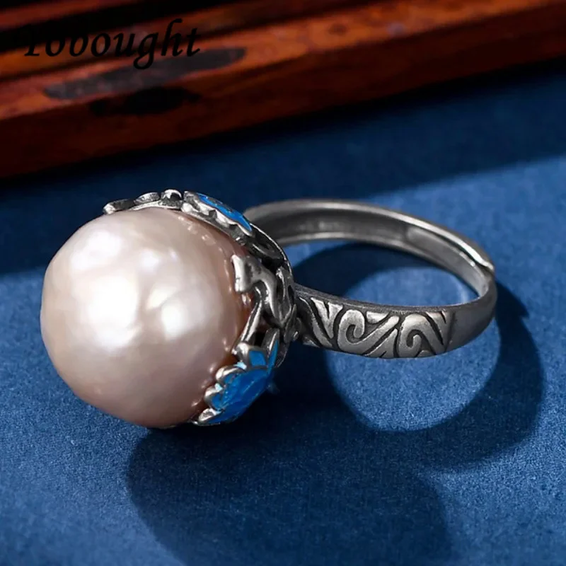 

Genuine Real s925 sterling silver rings for Women New Fashion round freshwater pearl enamel hollow Lotus ethnic style jewelry