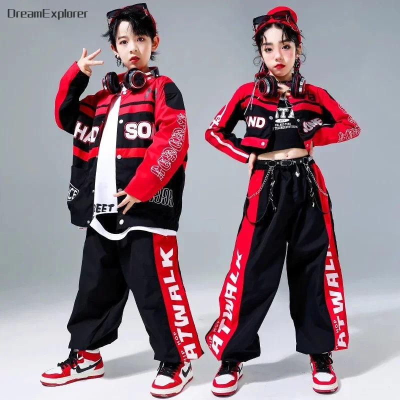 

Boys Hip Hop Motorcycle Contrast Jacket Cargo Pants Girls Baseball Cropped Coat Streetwear Kids Jazz Street Dance Clothes Sets