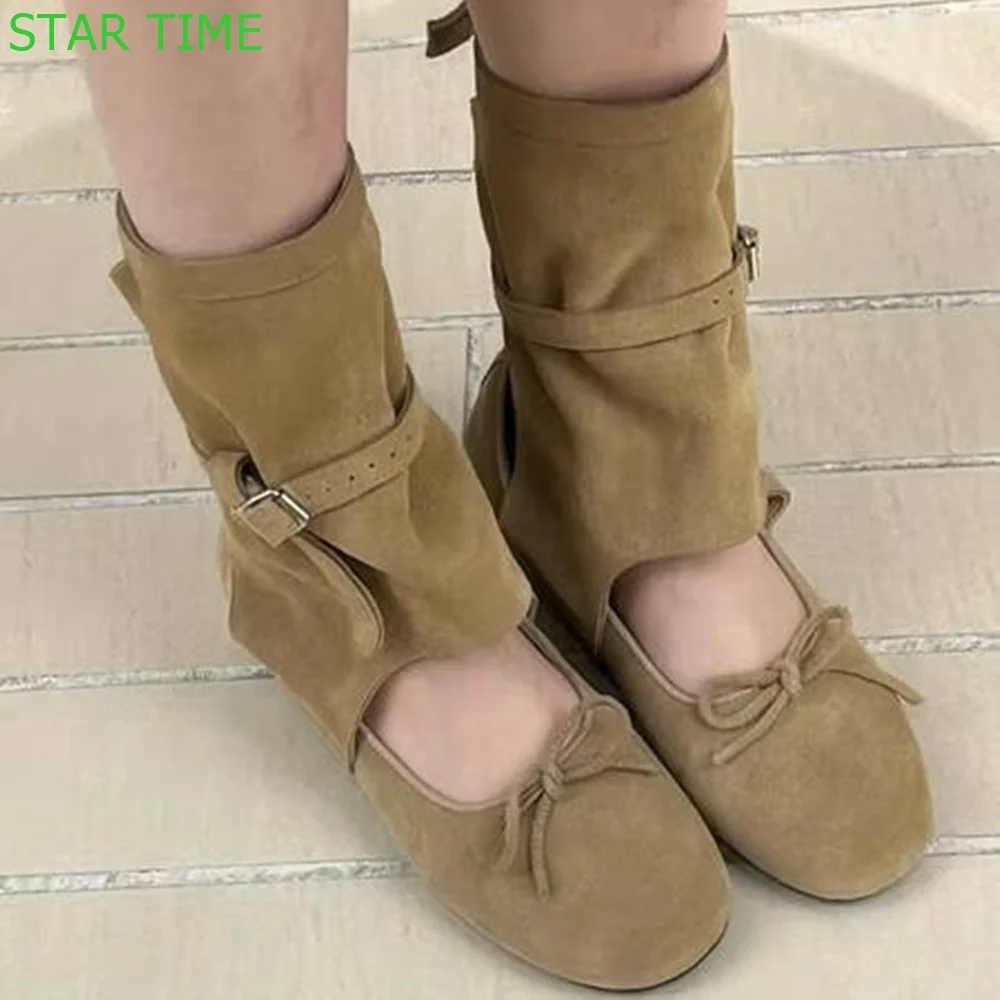 

Butterfly Knot Summer Short Boots 2024 New Fashion Round Toe Belt Buckle Flat Low Heel Shoes Khaki/black Casual Women Boots