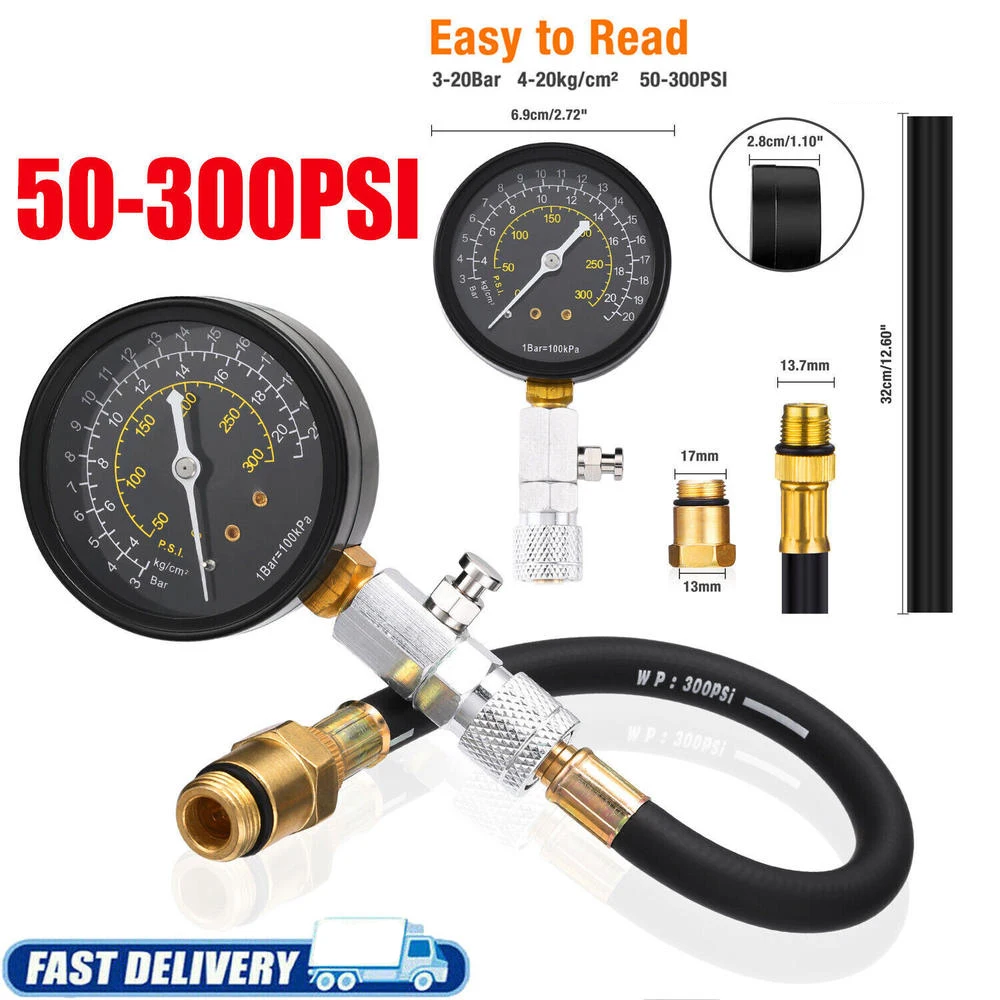 Engine Cylinder Compression Tester Pressure Gauge Gage Check Meter Kit 50-300 PSI (0-21kg/cm2) Fits 14mm/18mm Spark Plug Threads
Engine Cylinder Compression Tester Pressure Gauge Gage Check Meter Kit 50-300 PSI (0-21kg/cm2) Fits 14mm/18mm Spark Plug Threads