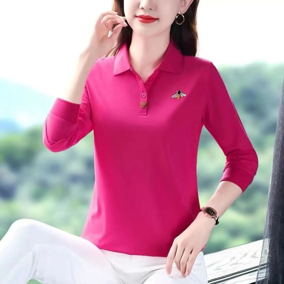 

Lapel Cotton Tops Casual Short Sleeve T-shirt Women's Summer 2023 New Polo Shirt High Quality Female Black Red Slimming T-shirts