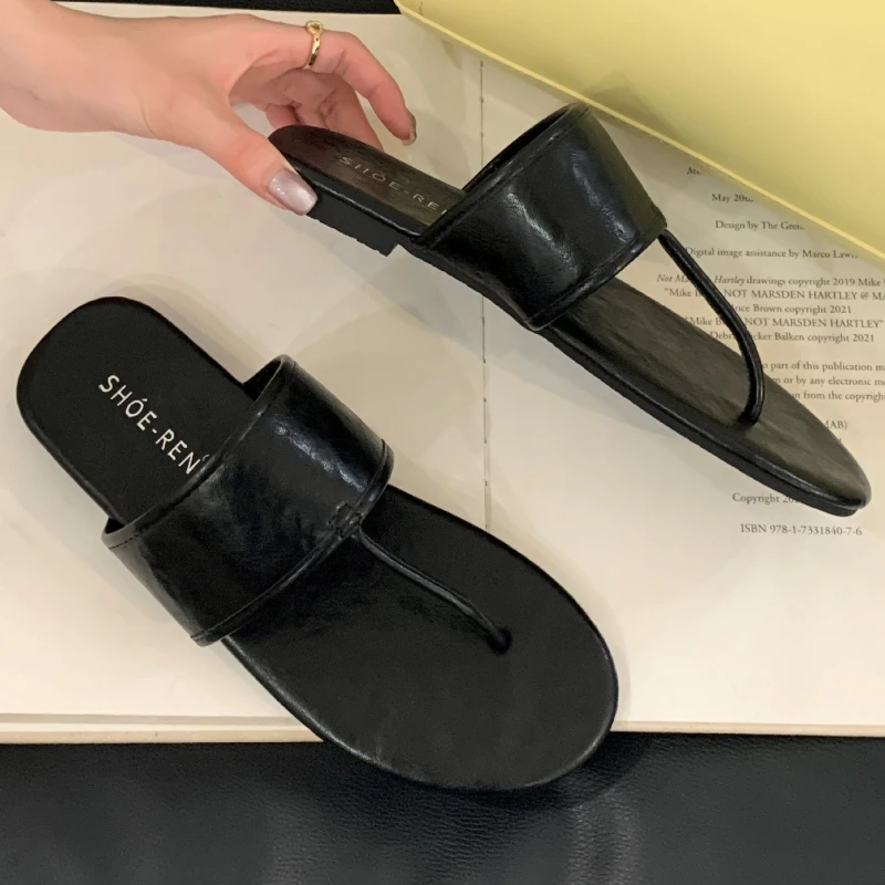 T-tied Soft Leather Flat Sandals Female Pointed Toe Clip Toe Flip-flops Summer Fashion Comfortable Non-slip Vacation Beach Shoes 27 Sa0f96df513eb492896c7bd470367429cE