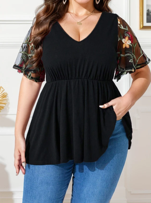 New Women's V-neck Casual Mesh Plus Size Tops 6 Sa0f9b8cf970f44cf82d8a0f0ffcf3da4d