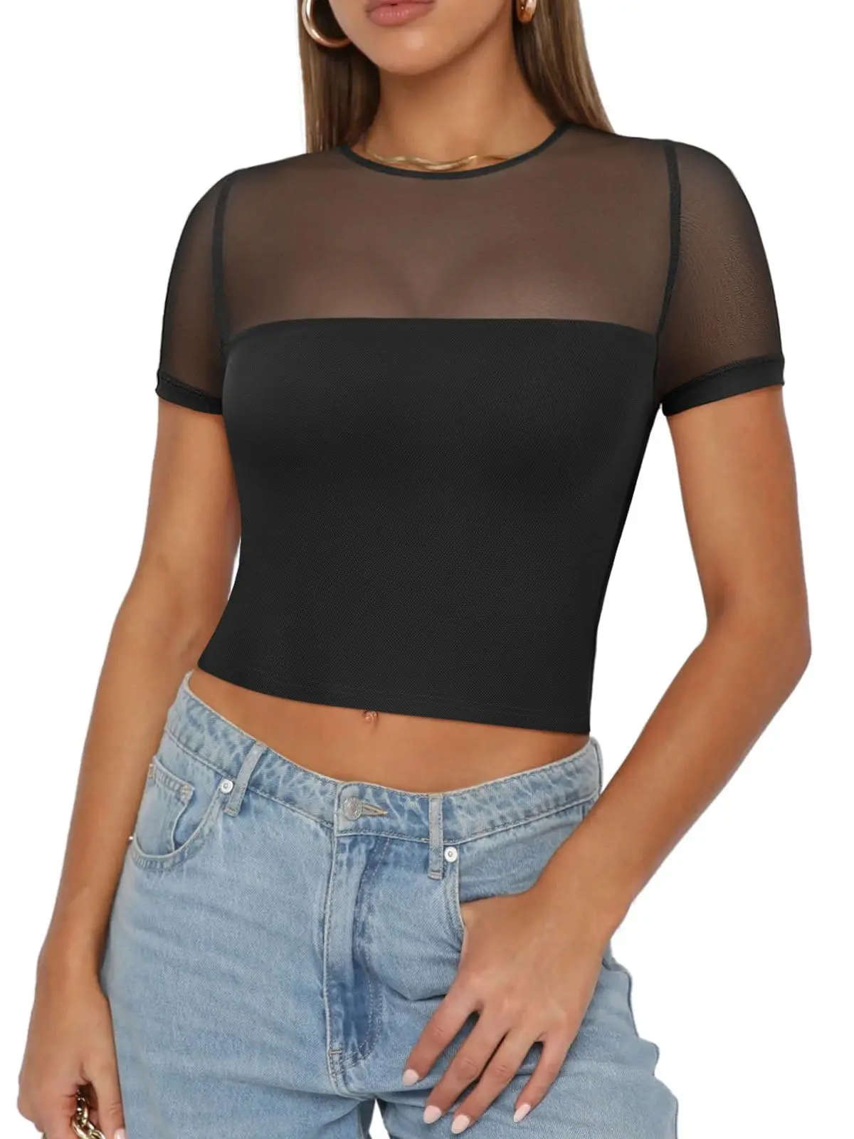 Женский сетчатый укороченный топ Y2k, тонкая Облегающая рубашка с коротким рукавом, Базовая рубашка с круглым вырезом, летняя уличная одежда на выход 
Женский сетчатый укороченный топ Y2k, тонкая Облегающая рубашка с коротким рукавом, Базовая рубашка с круглым вырезом, летняя уличная одежда на выход