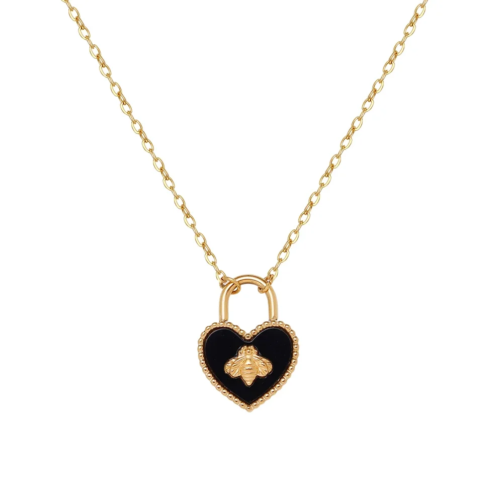 

RHYSONG New Fashion Cute Bee Black Heart Love Lock Pendant Necklace 316L Stainless Steel Chain Collares Para Mujer Women Gift