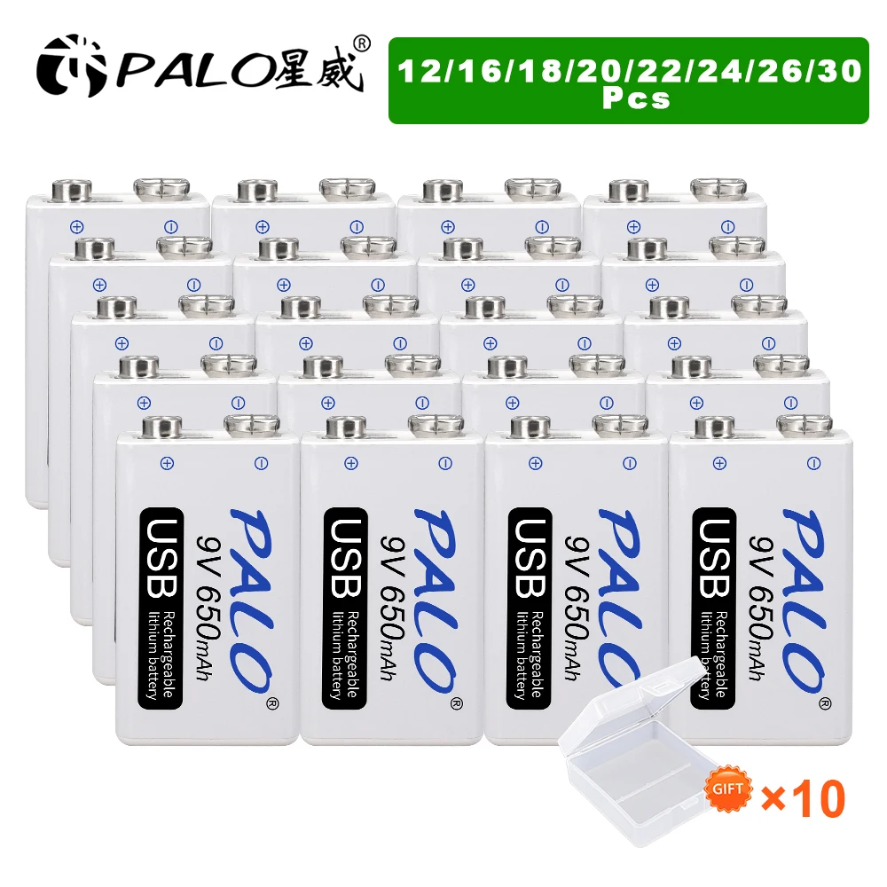 

12-30Pcs 9V Rechargeable Battery Lithium Li-ion 9 Volt 6F22 9V Crown Battery for Multimeter KTV Microphone Metal Detector