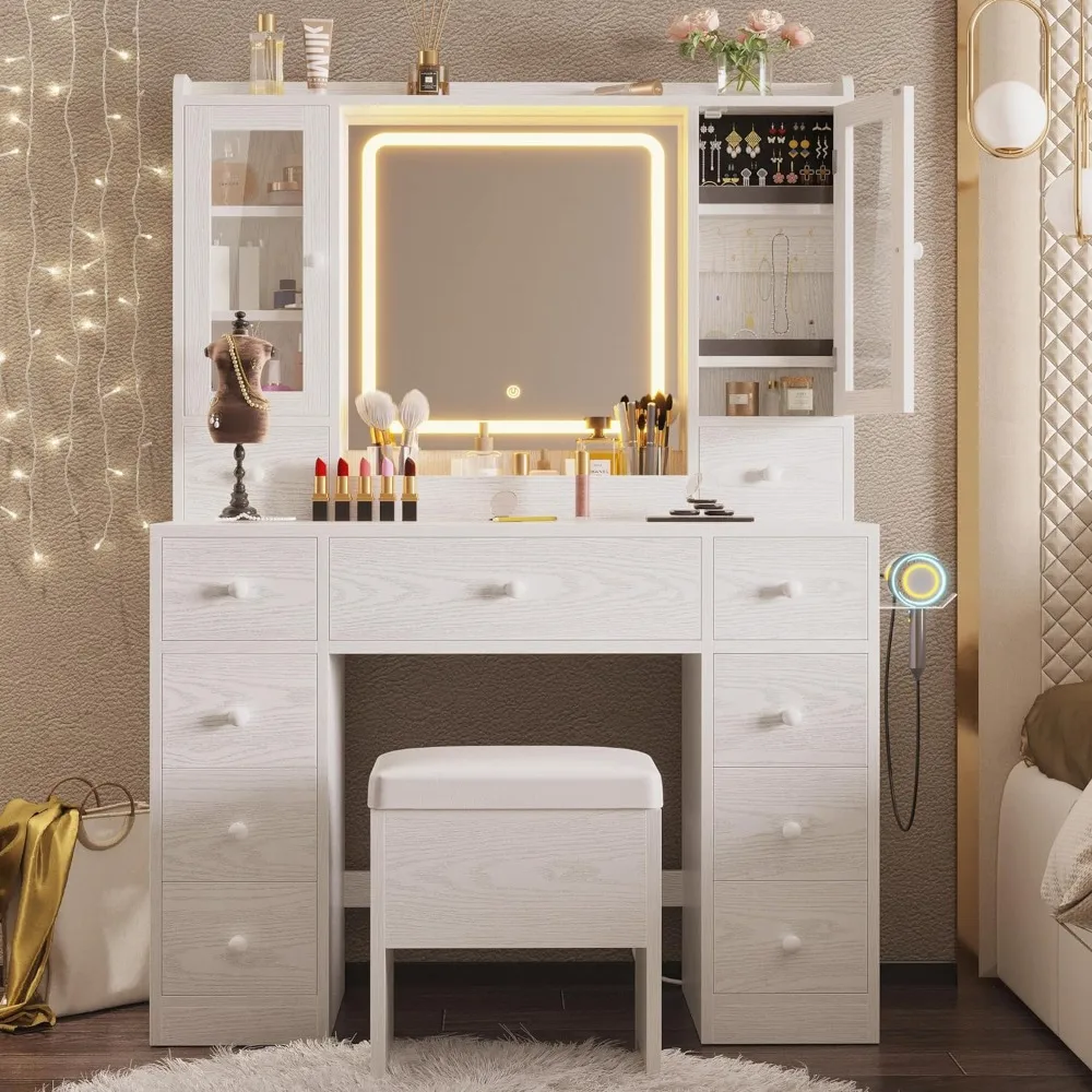 

IRONCK Vanity Desk with LED Lights Mirror and Charging Station, Makeup Vanity Table with Storage Bench and 11 Drawers, Bedroom