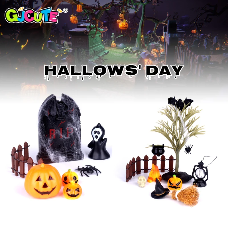 

1Set 1:12 Dollhouse Miniature Halloween Ornament Witch Hat Tombstone Pumpkin Spider Bat Ghost Skull Model Scene Decor Toy