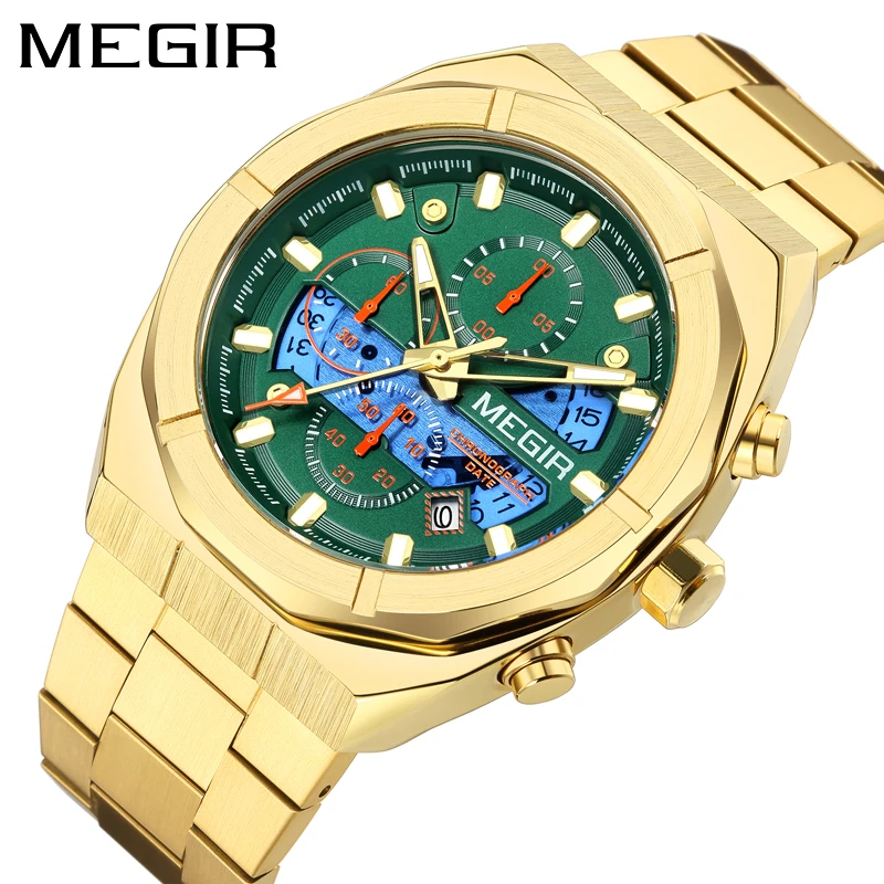 

MEGIR Mens Watches Top Brand Luxury Gold Stainless Steel Strap Fashion Green Dial Quartz Watch for Men Sports Chronograph Watch
