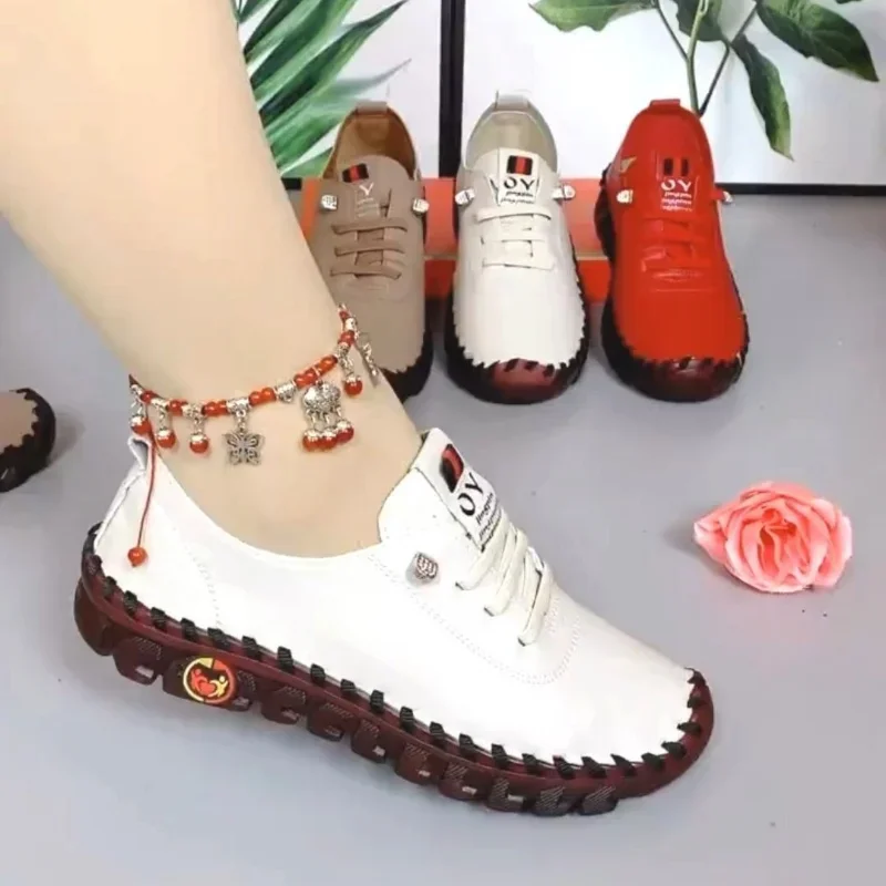 

Women Spring Vintage Breathable Shoes Platform Loafers Lace Up Leather Hollow Slip-On New Fashion Casual Mom Shoe Zapatos Mujer