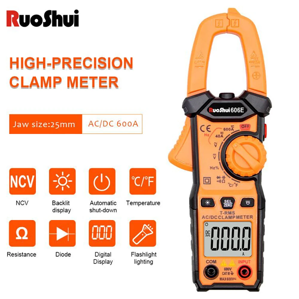 RuoShui 606E Digital Clamp Meter True RMS High Precision Capacitance NCV Ohm Hz Tester AC Amperometric Current Clamp Multimeter
RuoShui 606E Digital Clamp Meter True RMS High Precision Capacitance NCV Ohm Hz Tester AC Amperometric Current Clamp Multimeter