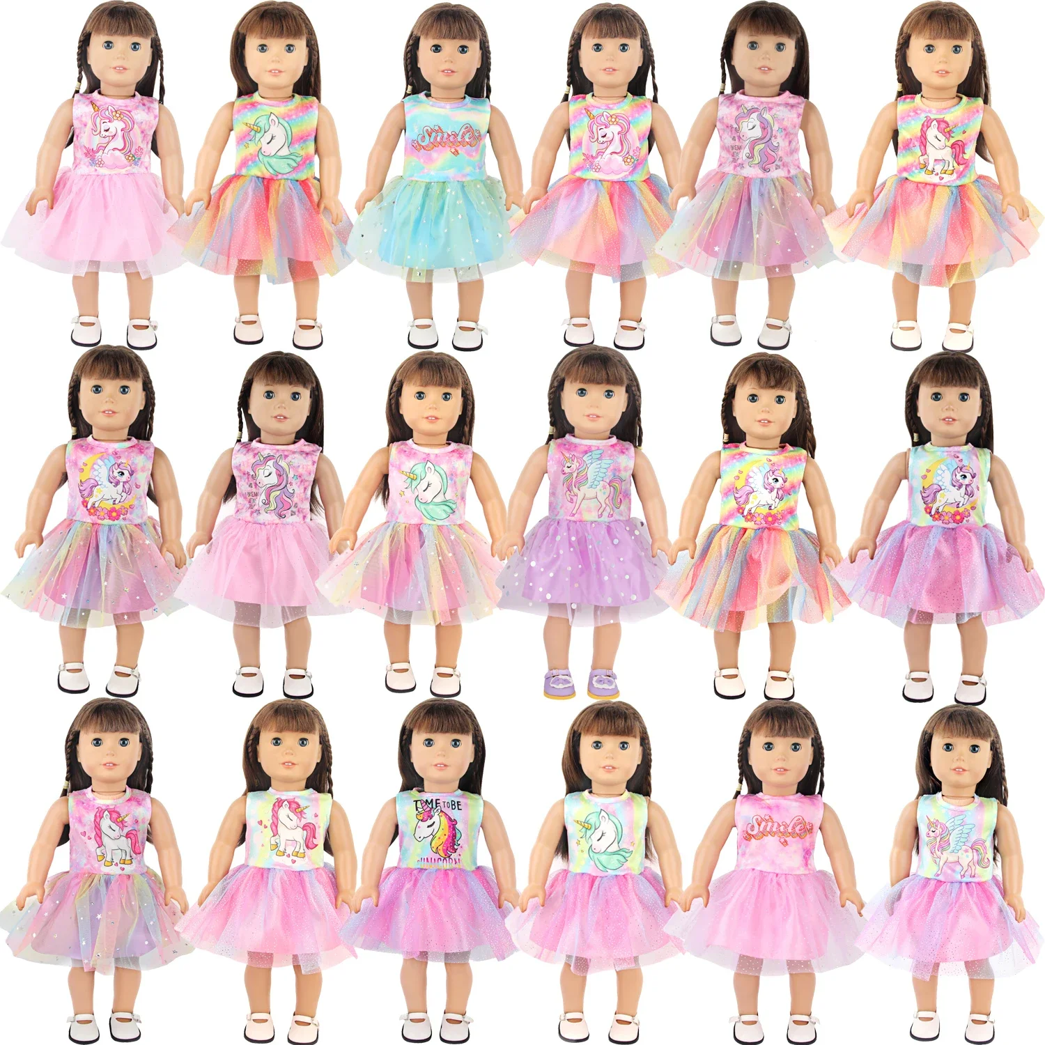 

Lovely Double Layered Unicorn Dress Clothes For American 18 Inch Baby Girl Doll Smile Skirts For 43cm Baby New Born Doll DIY Toy