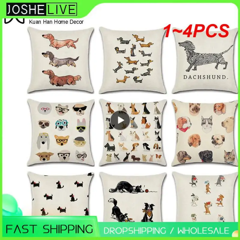 

1~4PCS A Variety Of Styles Dog Pattern Throw Pillowcase Linen Pillowcase 90g Washable Flax Cushion Cover Home Textile