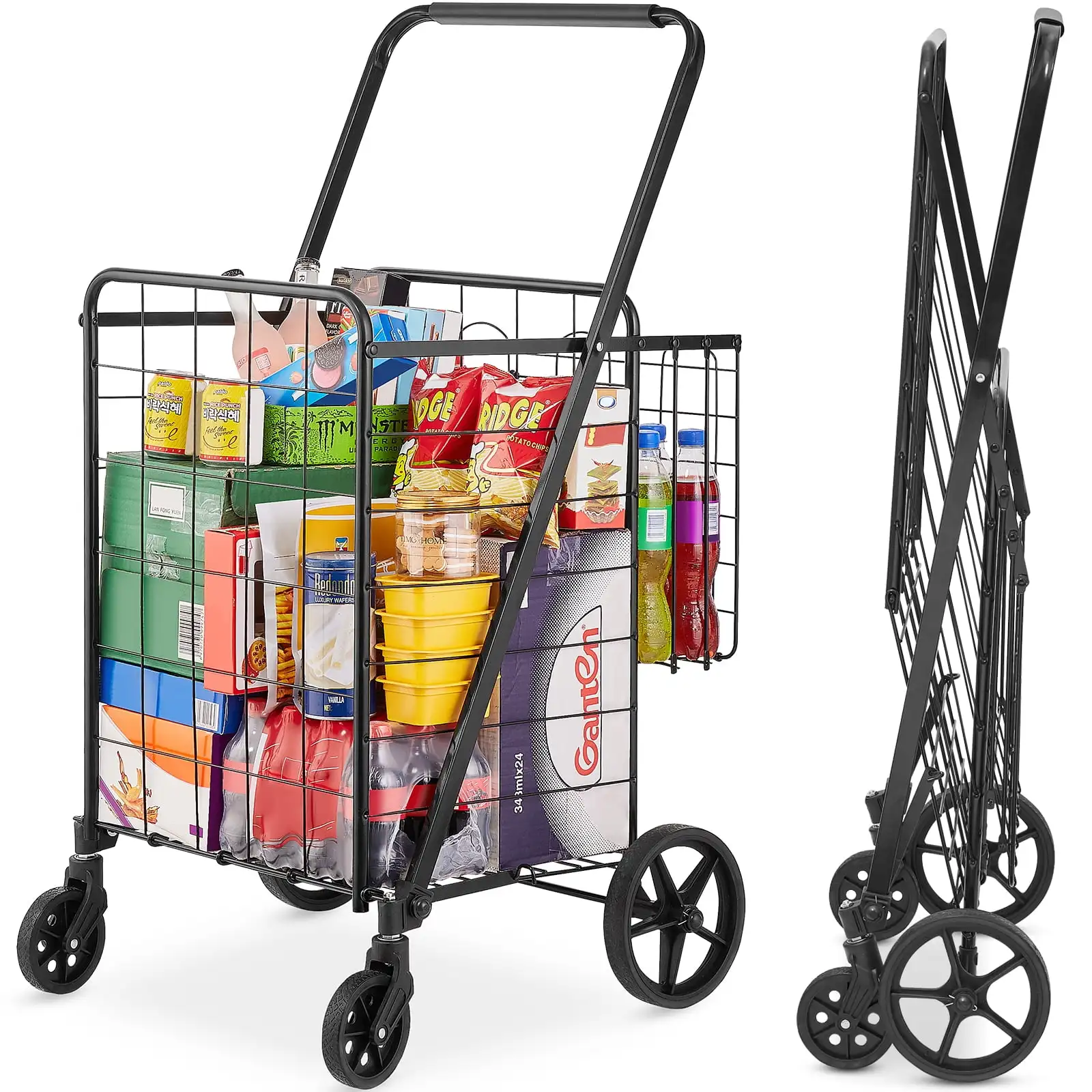 Складная тележка для покупок 110 фунтов, вращающаяся тележка для продуктов, хозяйственная тележка с двойными корзинами, поворотные колеса, регулируемая ручка
Складная тележка для покупок 110 фунтов, вращающаяся тележка для продуктов, хозяйственная тележка с двойными корзинами, поворотные колеса, регулируемая ручка