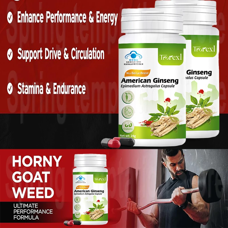 

Ginseng Horny Goat Weed Capsules Energy Booster for Men Enhance Endurance Powerful Strength Enlarge Supplement Improve Energy